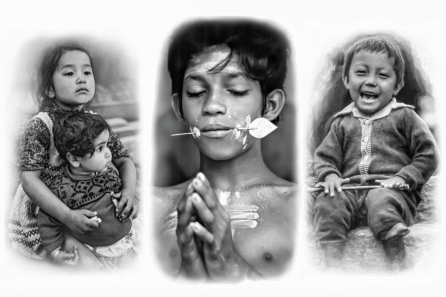 The Kids of India Triptych bw Photograph by Steve Harrington