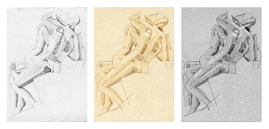 The Kiss - Triptych - Homage Rodin Drawing by David Hargreaves