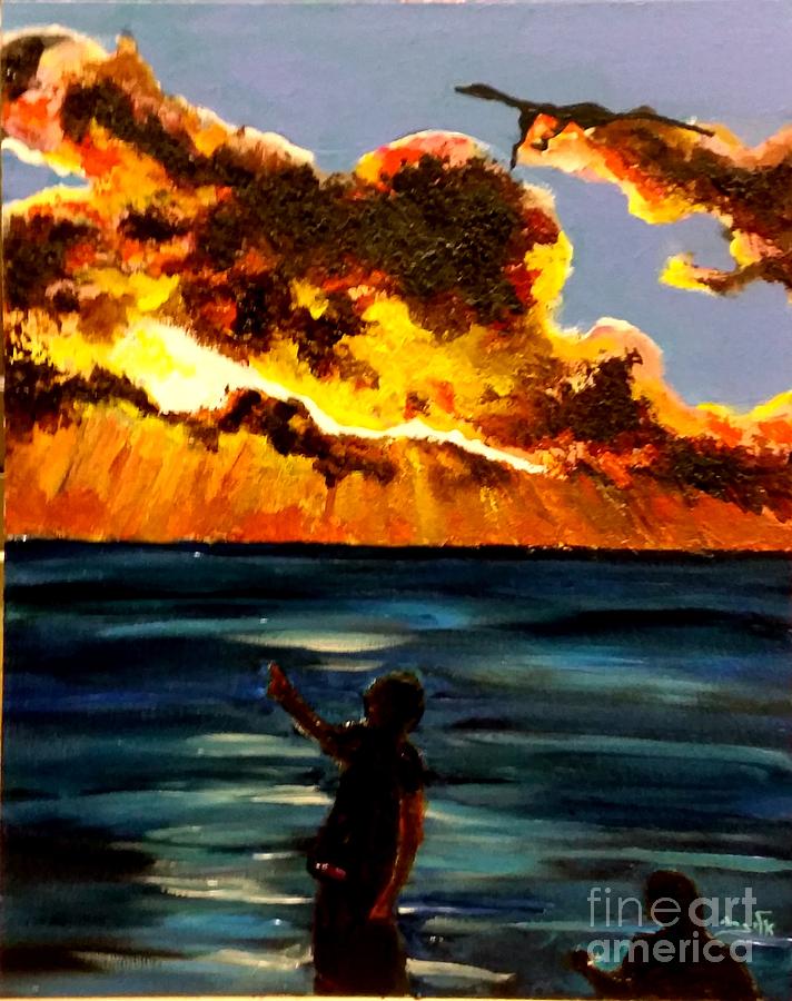The kite  dips in the dusk colors  Painting by Eli Gross