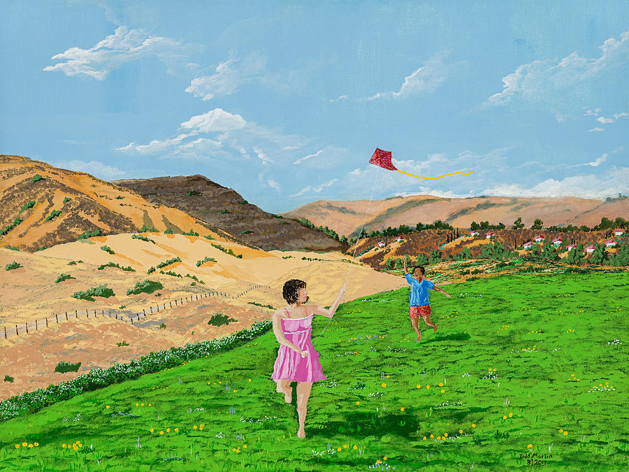 San Diego Painting - Two Children Fly a Kite by Todd Martin