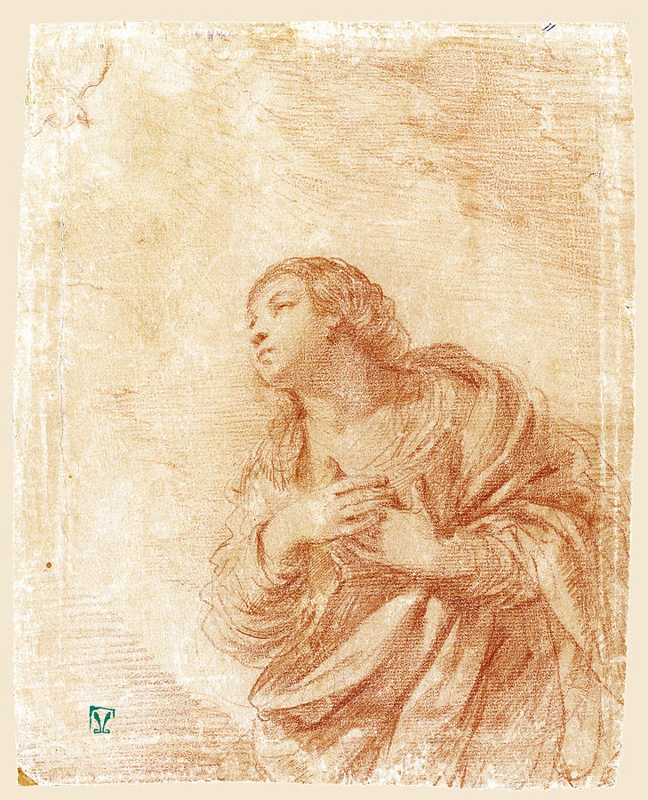 The kneeling Virgin in an Annunciation Drawing by Guercino