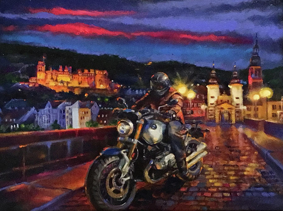 Bmw Motorcycle Painting - The Knight of Heidelberg by BJ Lane Bmw Motorcycle Painting - The Knight of Heidelberg by BJ Lane