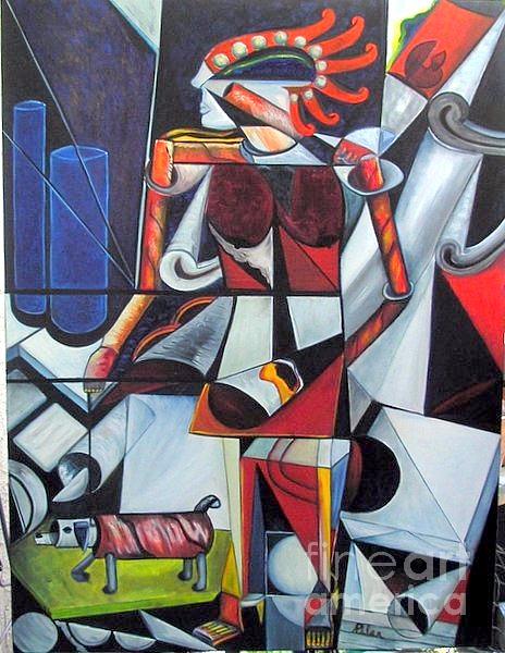 Cubism Painting - The Lady and her Dog by Pilar  Martinez-Byrne