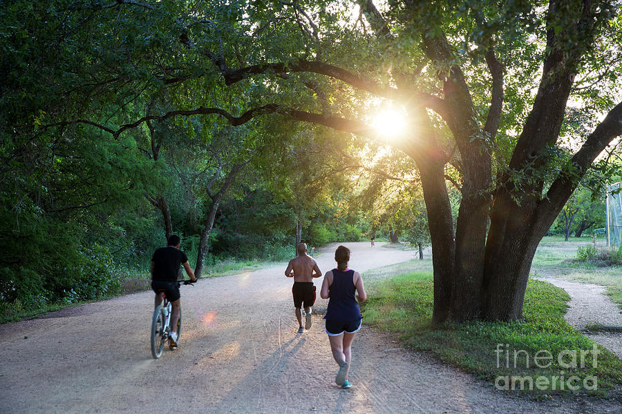 Sunset Photograph - The Lady Bird Lake Hike and Bike Trail is the most popular place to exercise for joggers, runners and bikers in downtown Austin by Dan Herron