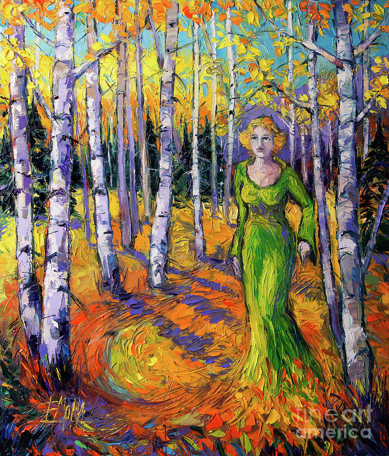 THE LADY OF THE ASPEN TREES modern impressionism palette knife painting Painting by Mona Edulesco