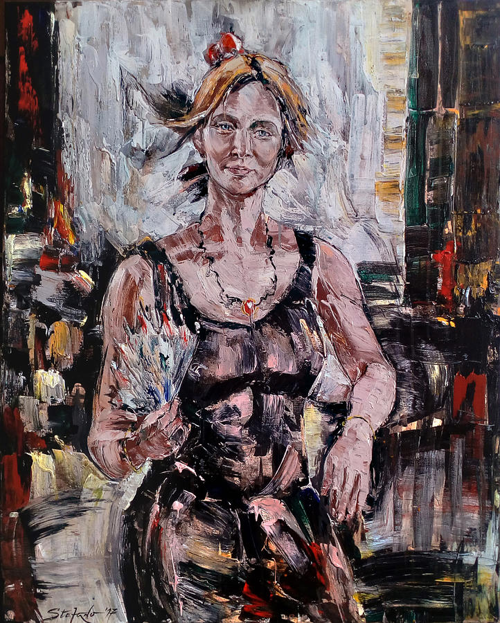 Woman Painting - The Lady with the Fan by Stefano Popovski Woman Painting - The Lady with the Fan by Stefano Popovski