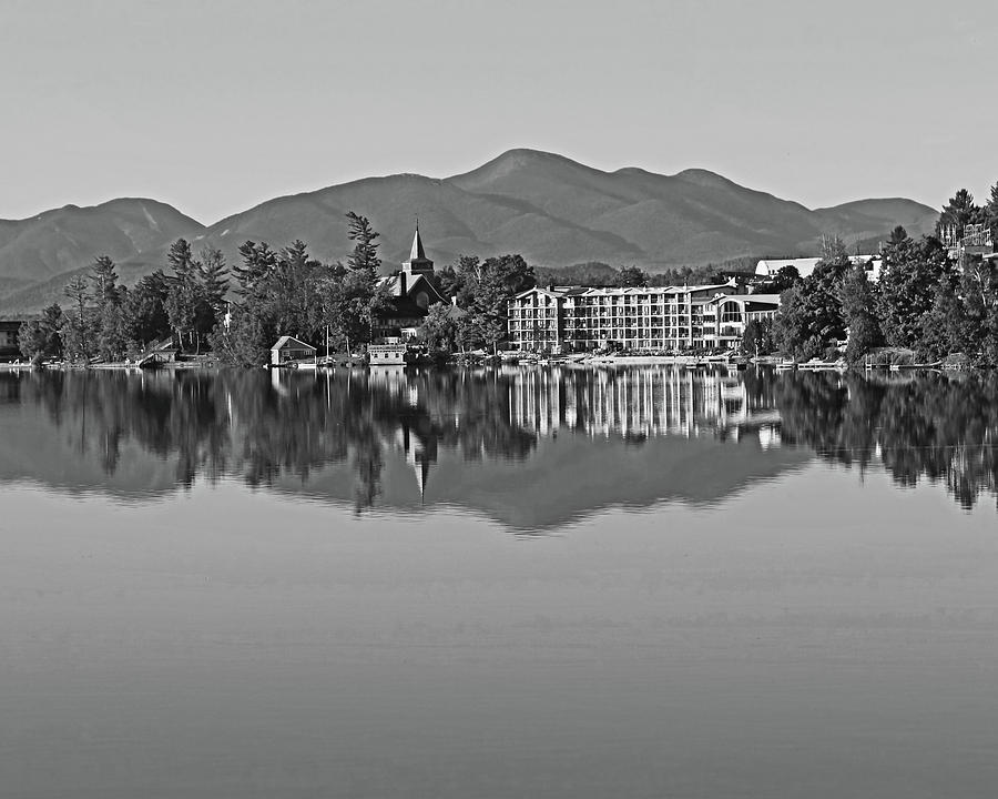 The Lake Placid Waterfront  Reflection Lake Placid New York Adirondacks Church Black and White Photograph by Toby McGuire
