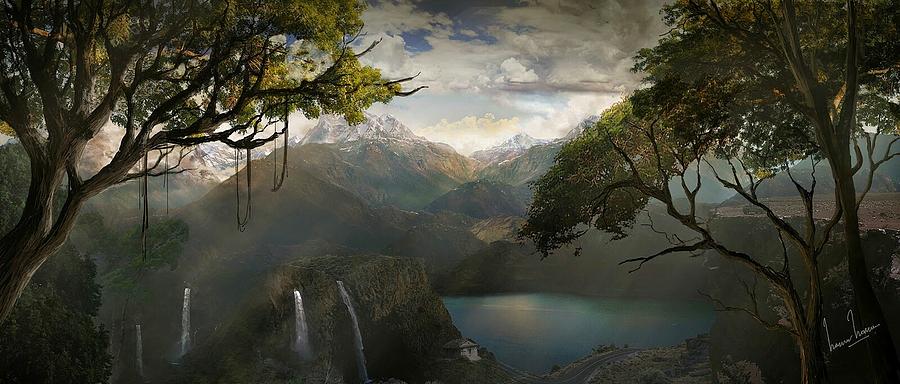Waterfall Digital Art - The Lake Valley by Hazmir Hassan