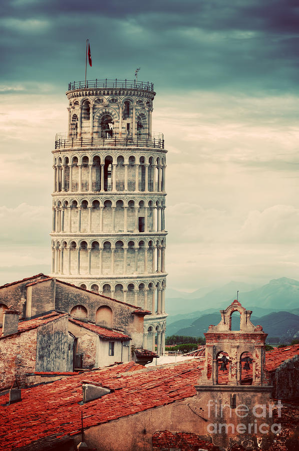 The Leaning Tower in Pisa, Italy. Unique rooftop view. Vintage Photograph by Michal Bednarek