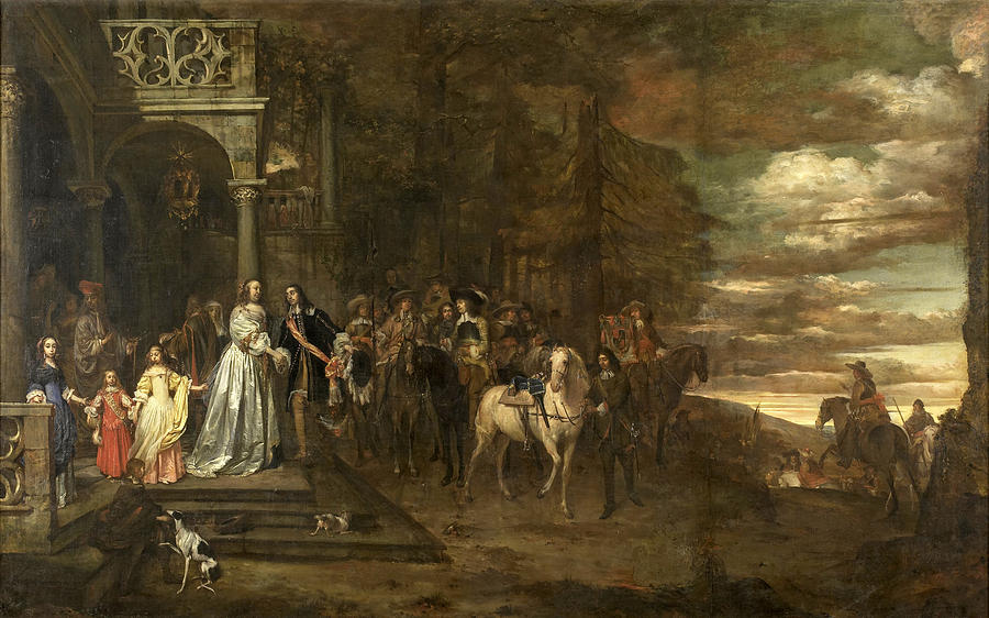 The Leavetaking of Captain Hendrik de Sandra sent off by his Wife and Children Painting by Pieter van Anraedt