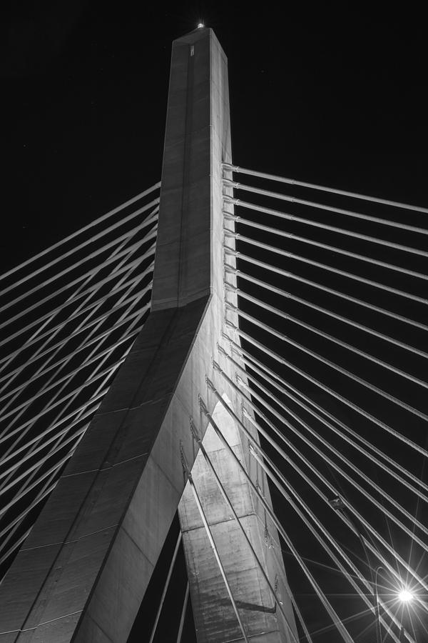 The Lenny Zakim Bridge Lit Up in Purple Closeup Black and White Photograph by Toby McGuire