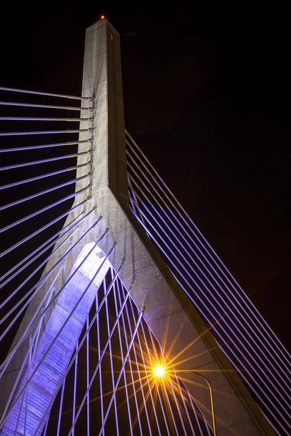 The Lenny Zakim Bridge Lit Up in Purple Closeup Photograph by Toby McGuire
