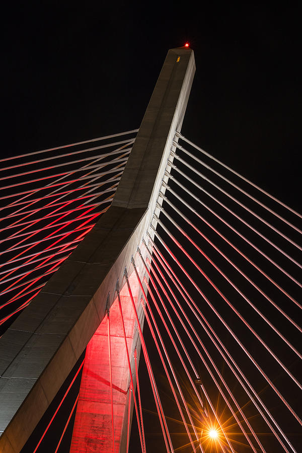 The Lenny Zakim Bridge Lit Up in Red Closeup Photograph by Toby McGuire
