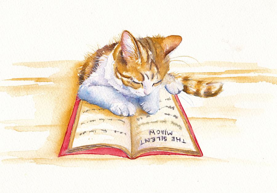 Cat Painting - Reading Kitten - The Lesson by Debra Hall