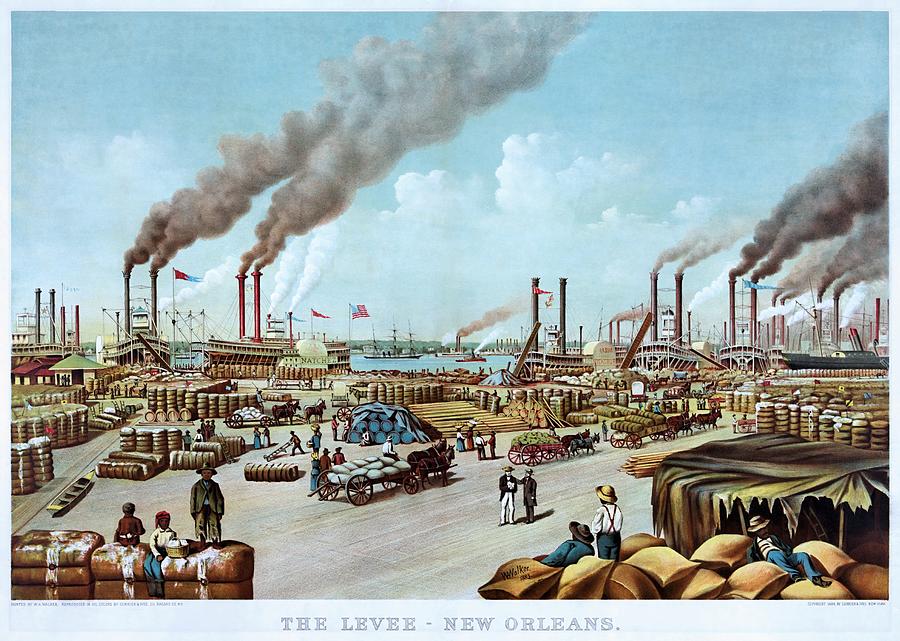 The levee, New Orleans, poster 1884 Painting by Vincent Monozlay
