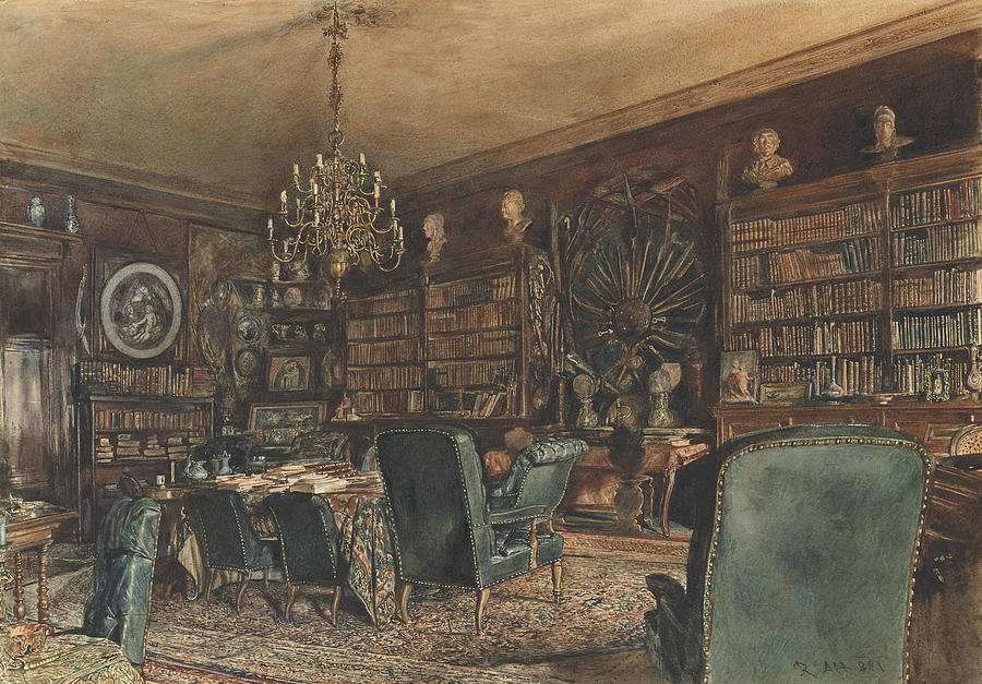 The Library in the Apartment of Count Lanckoronski in Vienna, Riemergasse 8 Painting by Rudolf von Alt