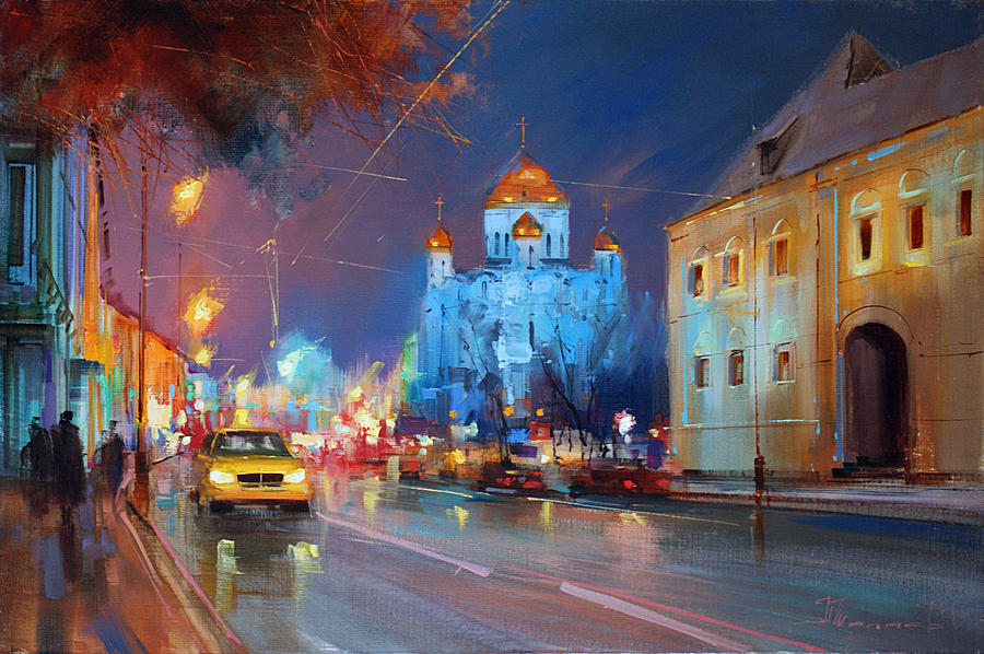 Impressionism Painting - The lights of Prechistenka street by Alexey Shalaev