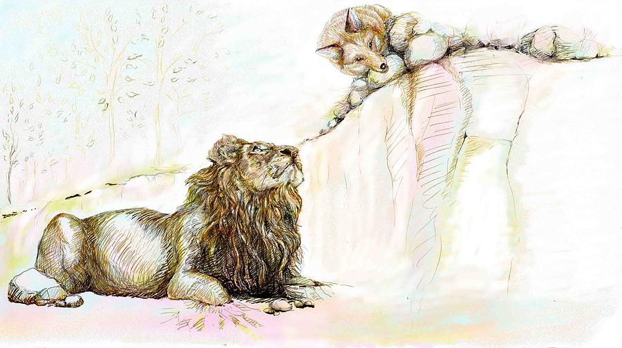The Lion and The Fox 1 - The First Meeting Painting by Sukalya Chearanantana