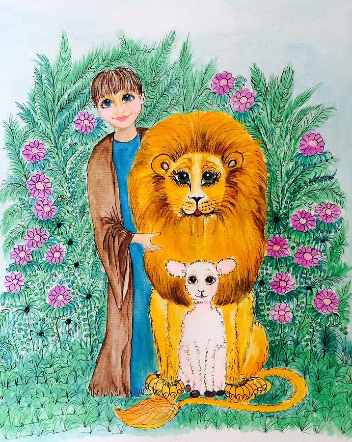 Lion Drawing - The Lion, the Lamb, and the Child by Rosemary Woods