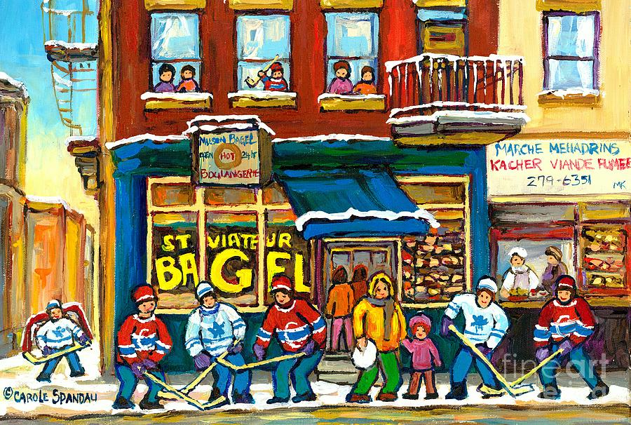 The Local Bagel Shop Hockey Painting Winter Fun Montreal Memories Canadian Art Carole Spandau        Painting by Carole Spandau