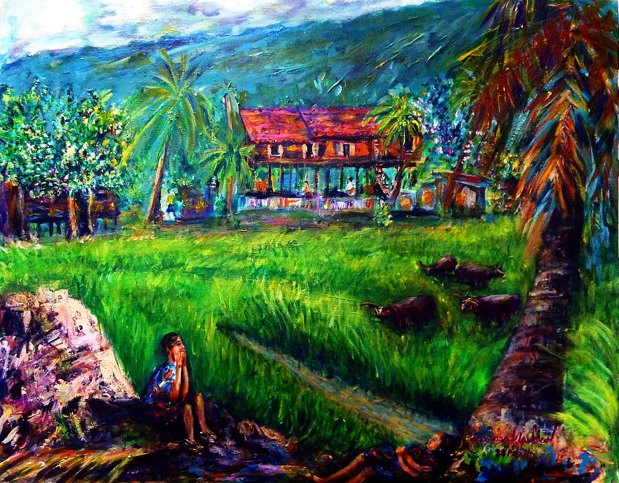 The local peoples life of Nakornnayok  Painting by Wanvisa Klawklean