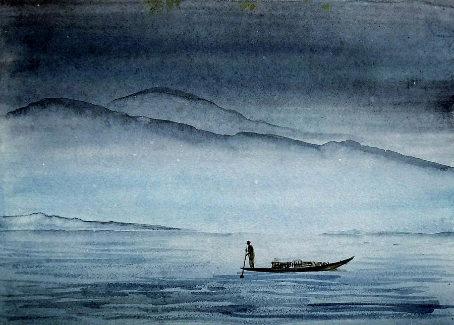Mountain Painting - The lonely boat man by Asha Sudhaker Shenoy