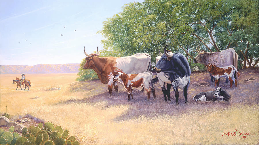 Longhorns Painting - The Lookers by Howard Dubois