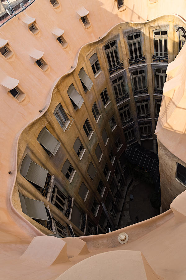 The Lost Straw Hat - Antoni Gaudi La Pedrera Courtyard From Above - Vertical Photograph by Georgia Mizuleva