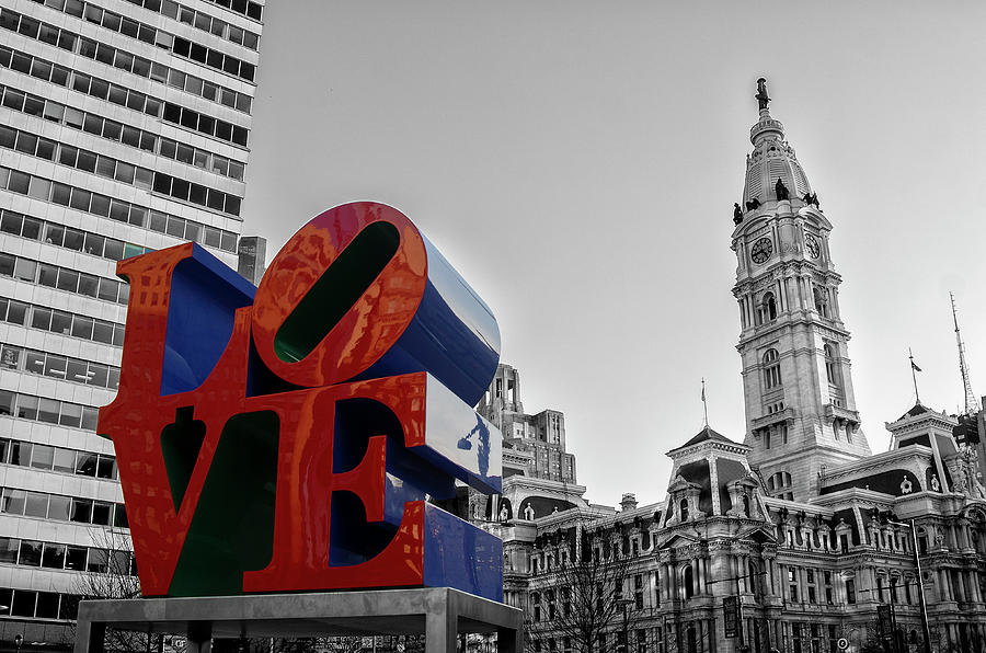 The Love Statue and City Hall - Selective Color Photograph by Bill Cannon