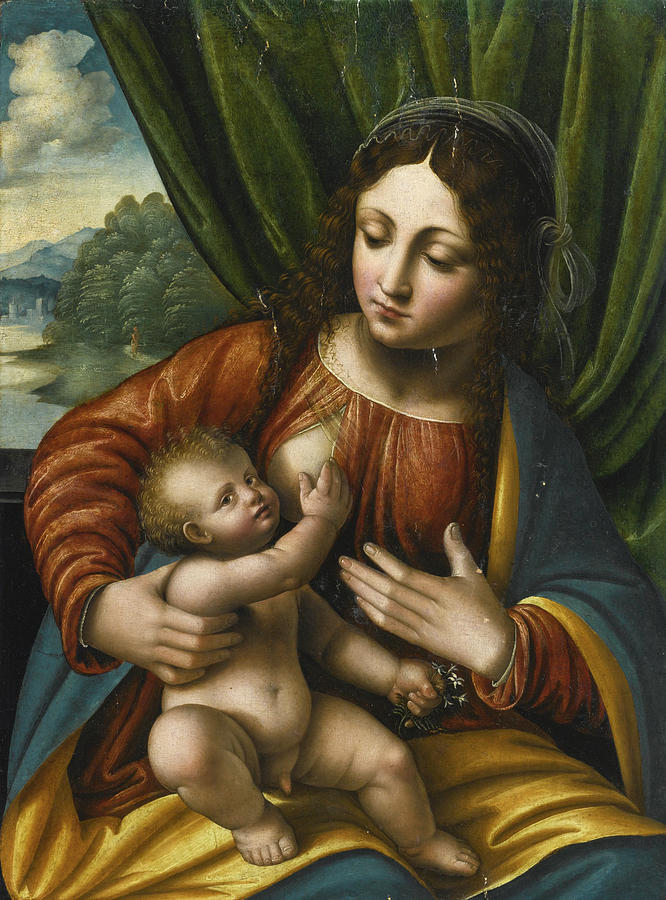 The Madonna and Child before a Green Curtain and a Window with a Mountainous River Landscape beyond Painting by Cesare Magni