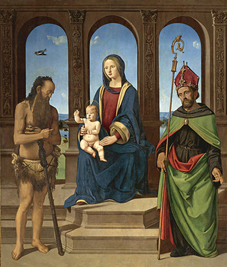 The Madonna and Child enthroned with Saints Onophrius and Augustine Painting by Piero di Cosimo