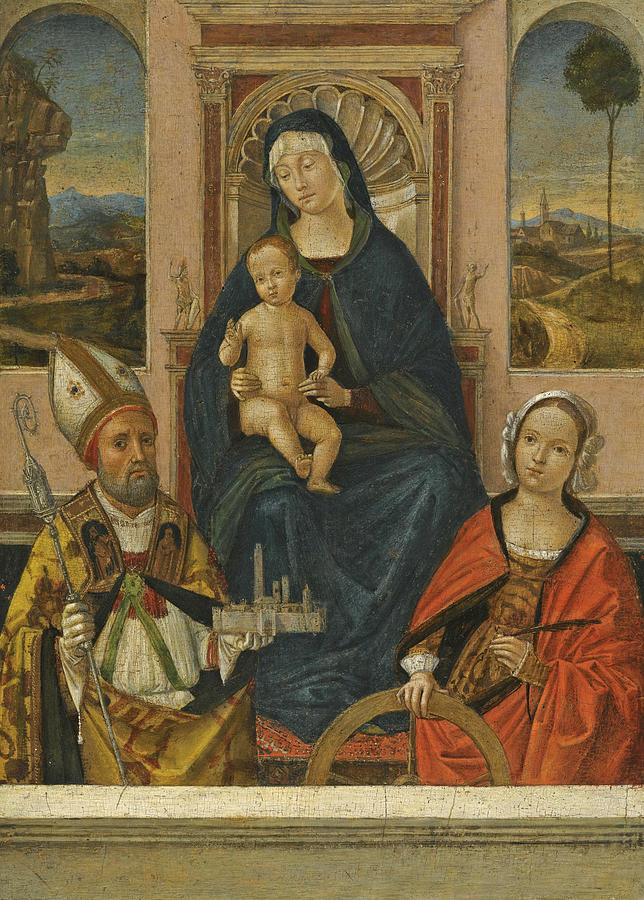 The Madonna and Child enthroned with Saints Petronius and Catherine of Alexandria Painting by Attributed to Bernardino Zaganelli