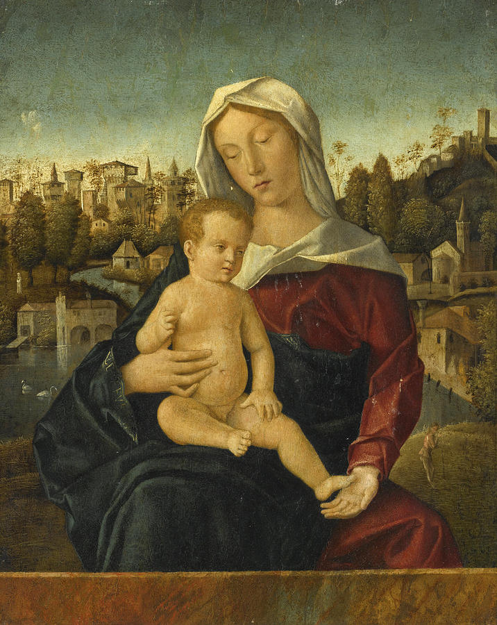 The Madonna and Child seated behind a ledge a River Landscape and a Town beyond Painting by Bartolomeo Veneto