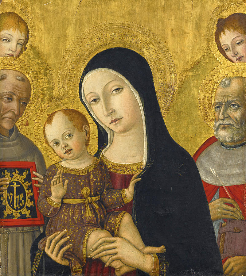 The Madonna and Child with Saints Bernardino of Siena and Jerome behind them two angels Painting by Matteo di Giovanni and Studio