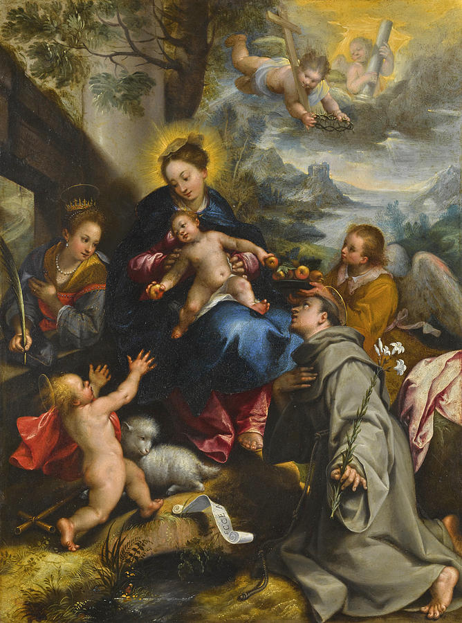 The Madonna and Child with Saints Catherine, Dominic and the Infant Saint John the Baptist Painting by Denys Calvaert