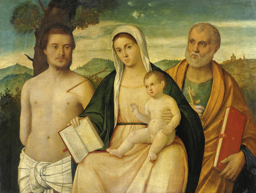 The Madonna and Child with Saints Sebastian and Peter Painting by Francesco Bissolo