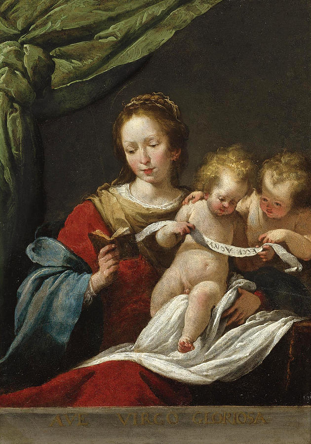 Bernardo Strozzi Painting - The Madonna reading with the Christ Child and Infant Saint John the Baptist by Bernardo Strozzi