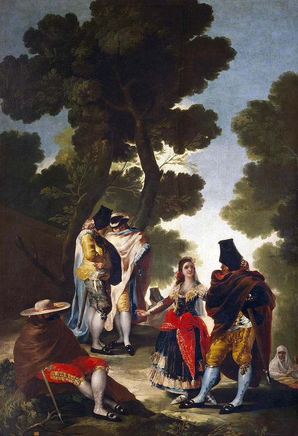 The Maja and the Cloaked Men, or A Walk through Andalusia Painting by Francisco Goya