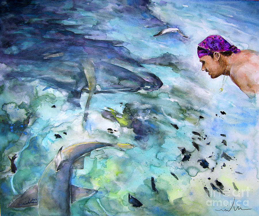 The Man and The Sharks Painting by Miki De Goodaboom