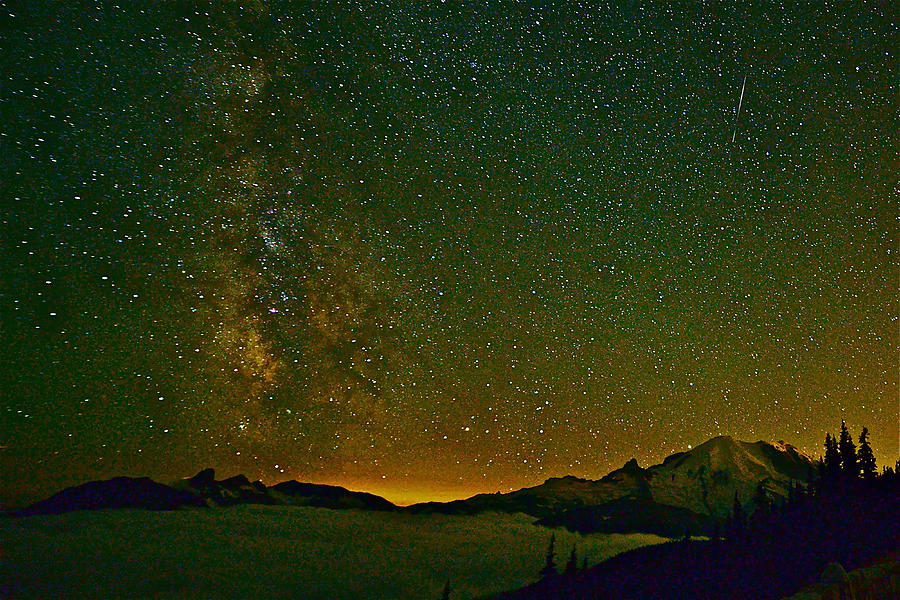 The Milky Way and Mt. Rainier Photograph by Don Mercer