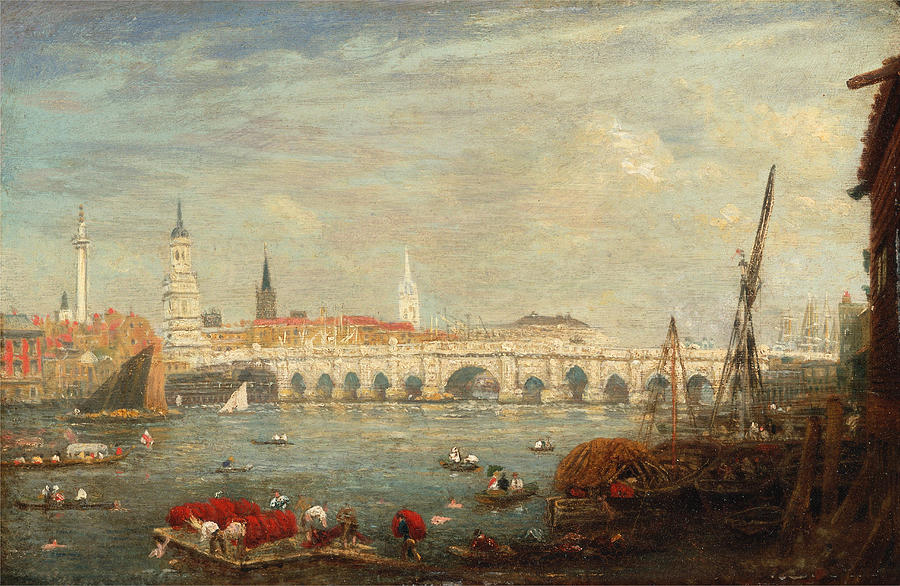 The Monument and London Bridge Painting by Frederick Nash