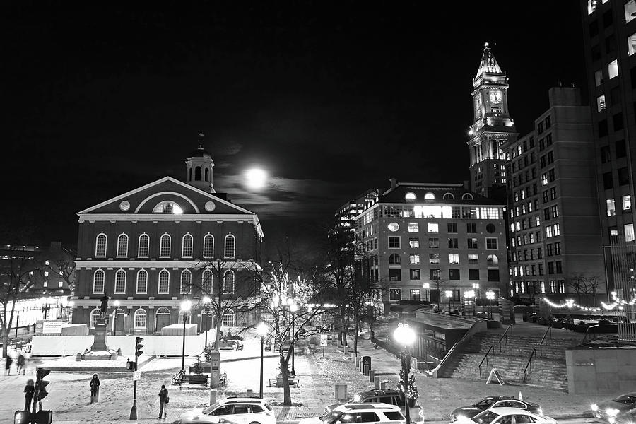 The moon over Faneuil Hall on a snowy night custom house Black and White Photograph by Toby McGuire