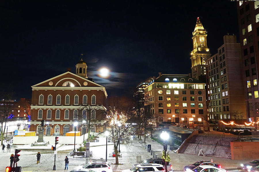 The moon over Faneuil Hall on a snowy night custom house Photograph by Toby McGuire