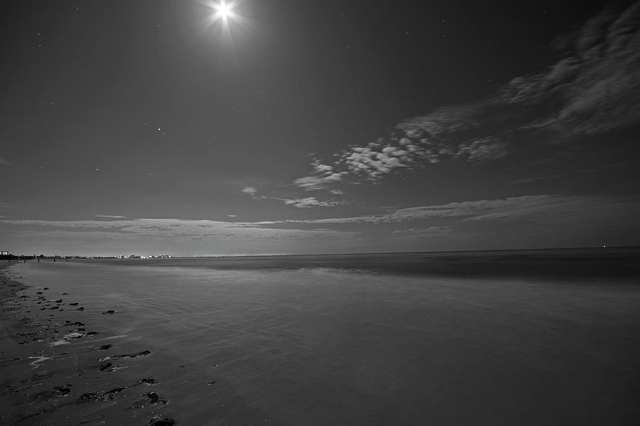 The moon over Fort Myers Beach Fort Myers Florida Waves Black and White Photograph by Toby McGuire