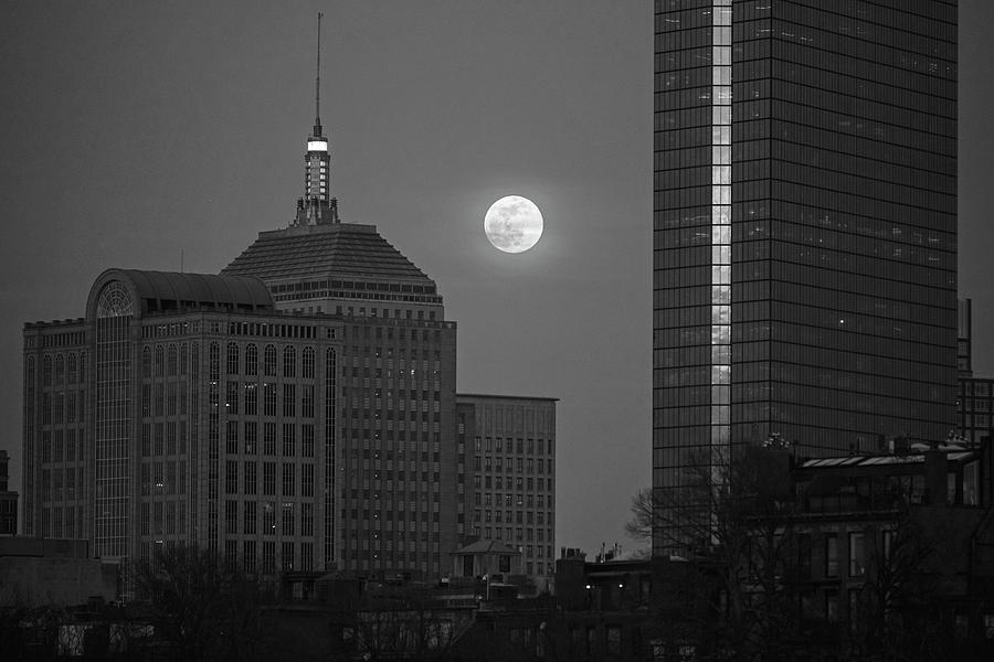 The Moon Rising over Boston Black and White Photograph by Toby McGuire