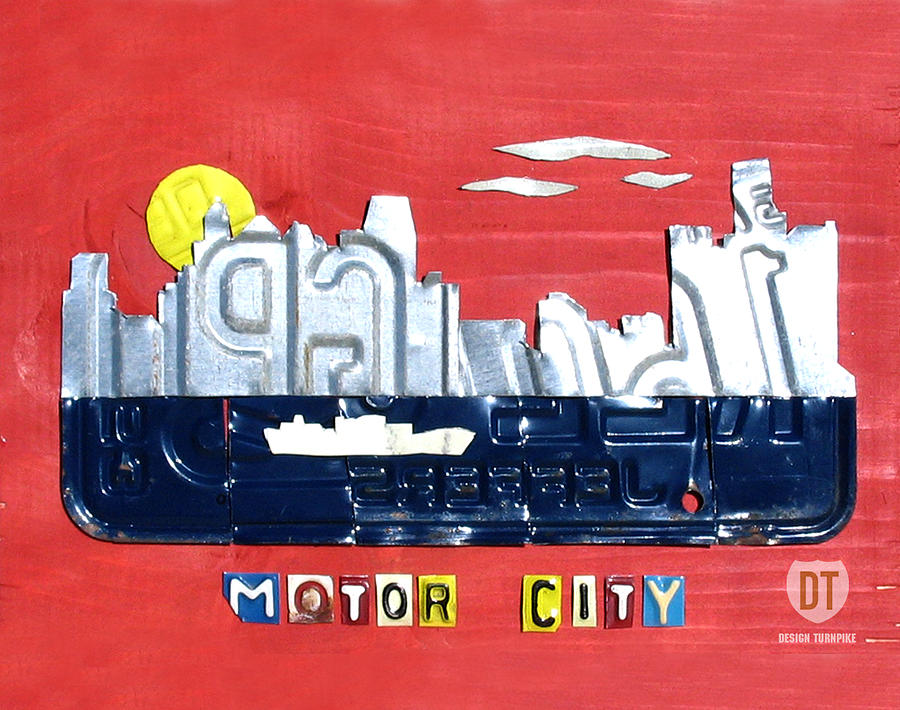 Vintage Mixed Media - The Motor City - Detroit Michigan Skyline License Plate Art by Design Turnpike by Design Turnpike