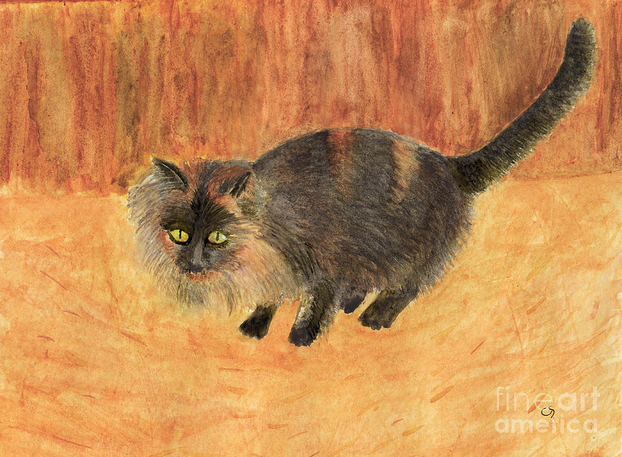 The Mouser, Barn Cat Watercolor Painting by Conni Schaftenaar