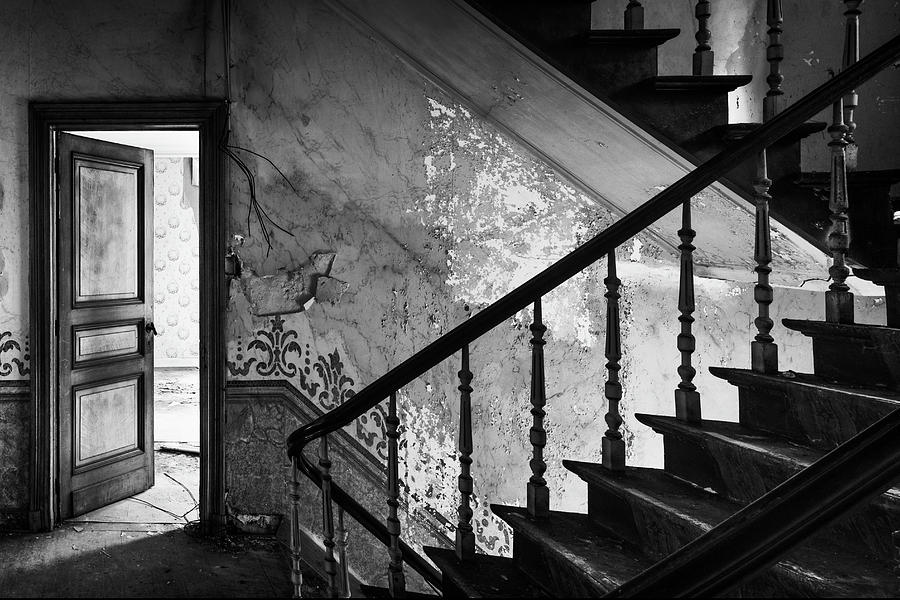 The mystery staircase - urban exploration BW Photograph by Dirk Ercken