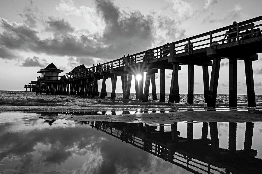 Sunset Photograph - Naples pier at sunset Naples Florida Black and White by Toby McGuire