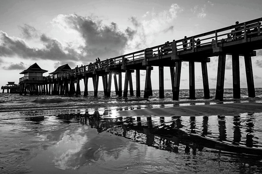 Naples pier at sunset Naples Florida Ripples Black and White Photograph by Toby McGuire
